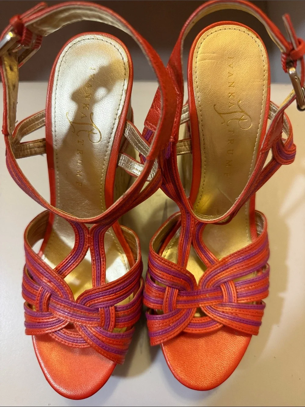 Ivanka Trump Orange and Purple Strappy Knot Heels